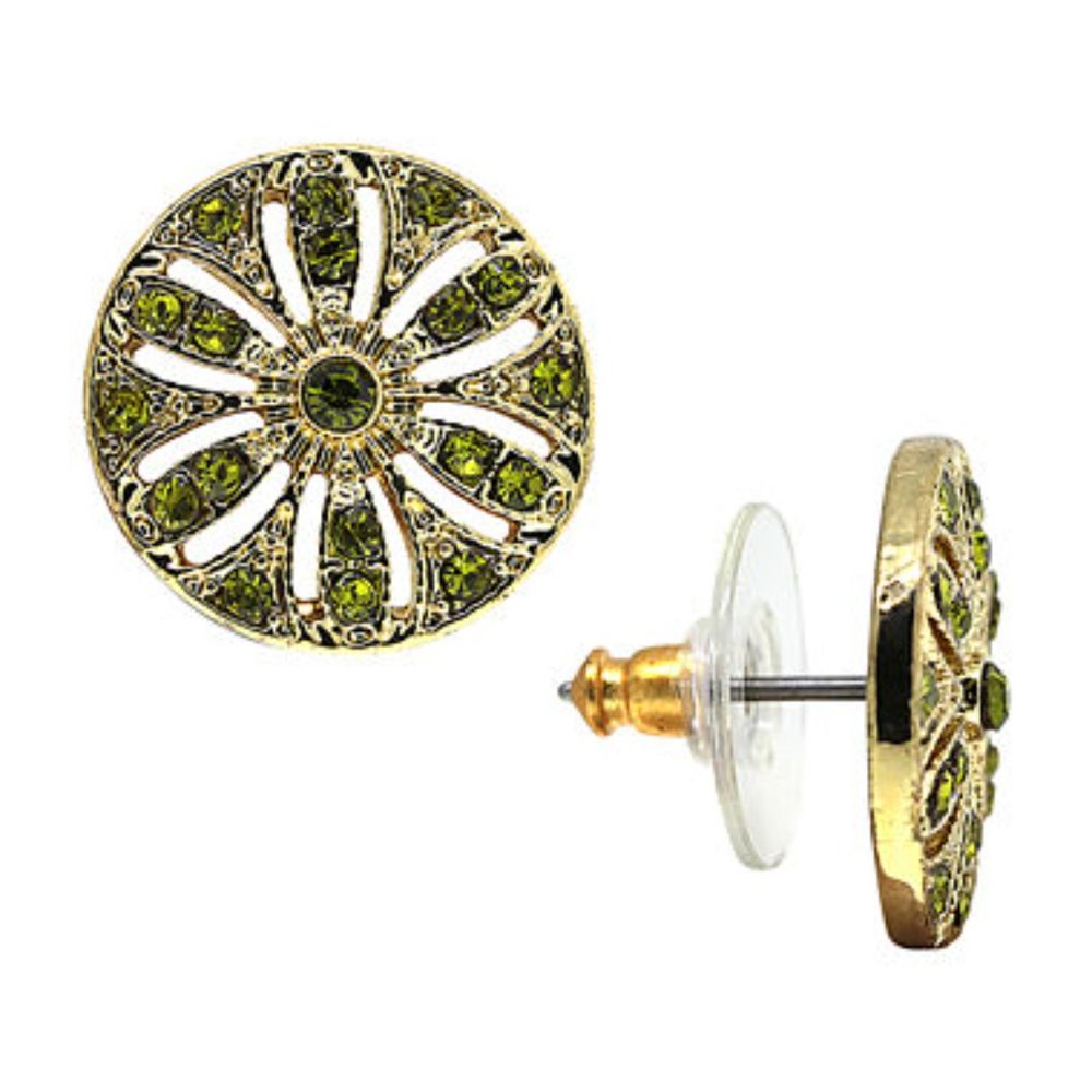 1928 Gold Emerald Disc Button Earrings